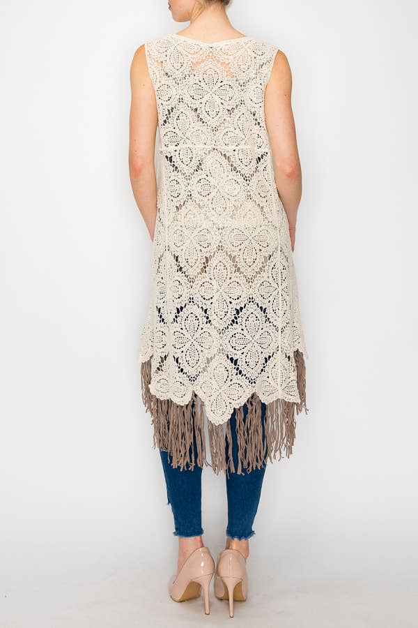 HIGH LOW CROCHET VEST WITH FAUX SUEDE FRINGE