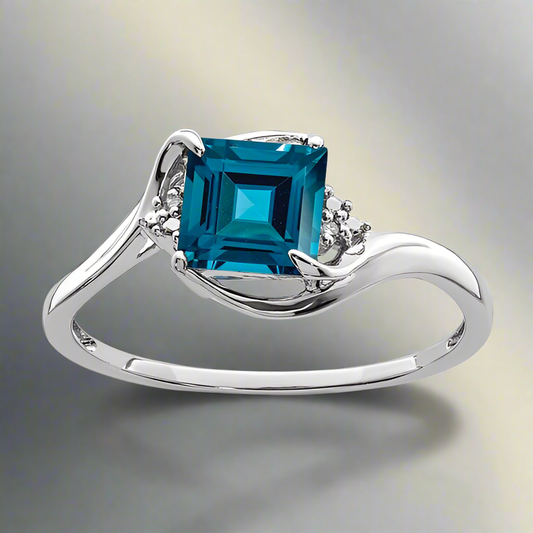Sterling Silver Rhodium Plated Diamond and London Blue Topaz Ring