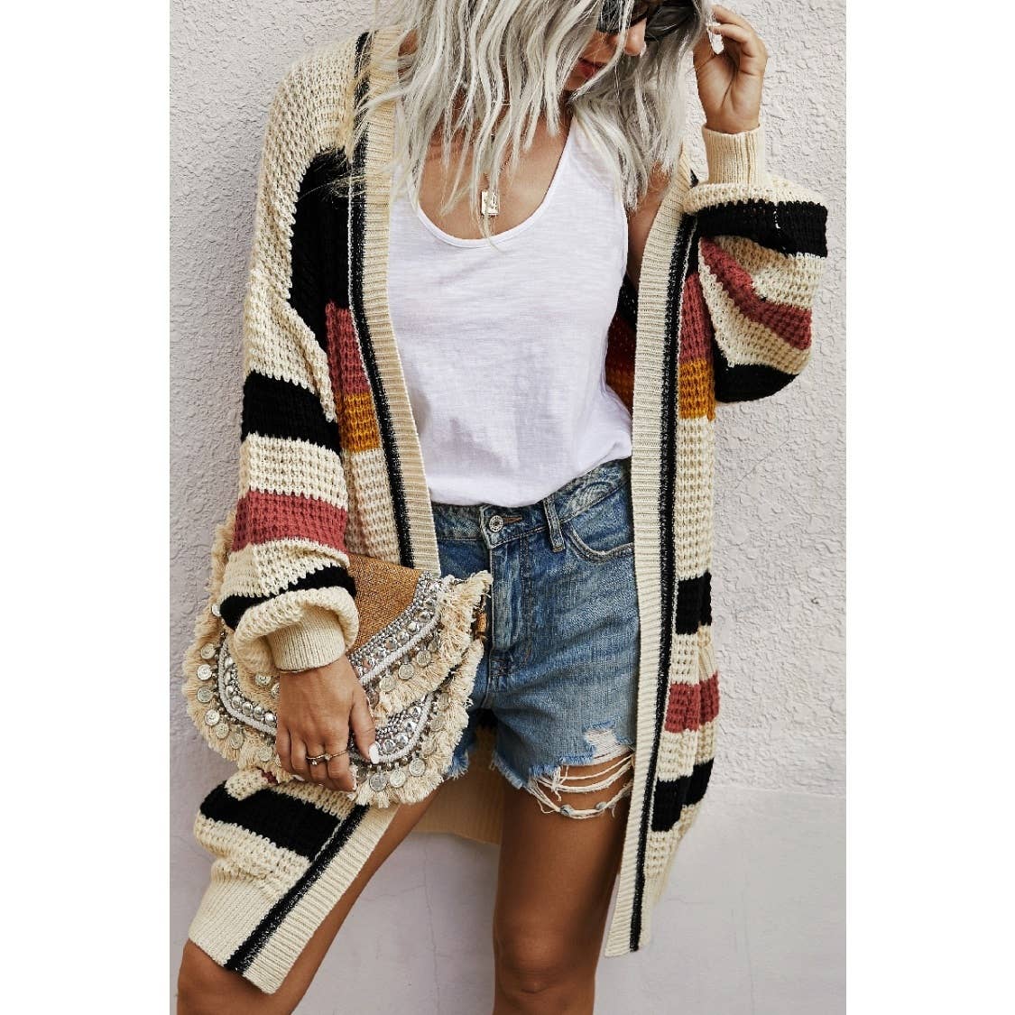 Knit Striped Color Block Long Sleeve Cardigan