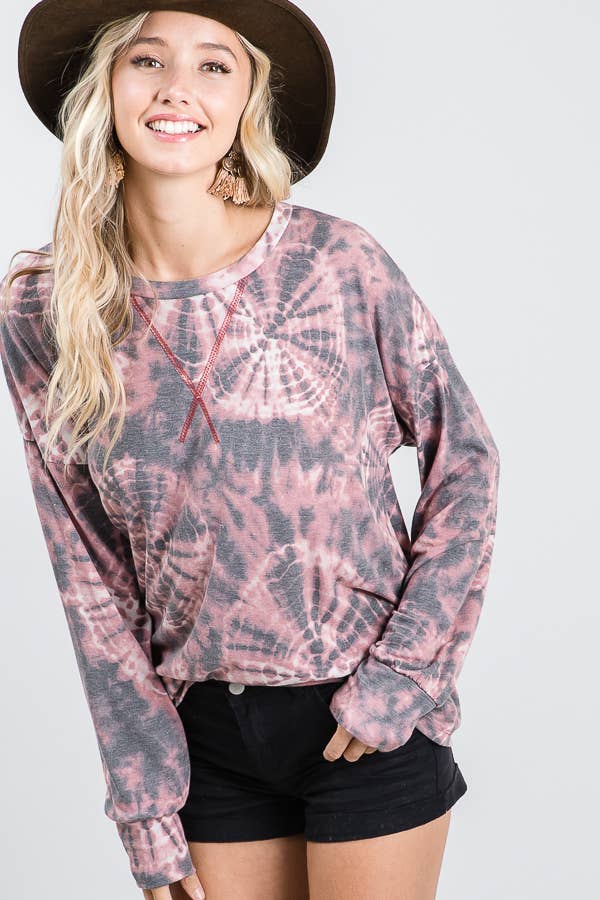 Tie Dye V-Seam Drop Shoulder Long Sleeve Top  Marsala