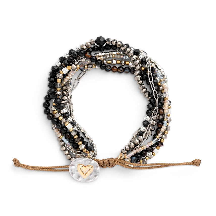 Beaded Love Bracelet - Black, glass beads and stone
