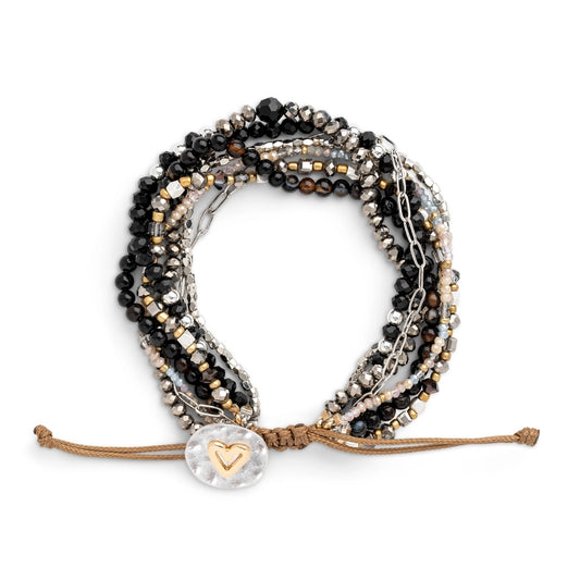 Beaded Love Bracelet - Black, glass beads and stone