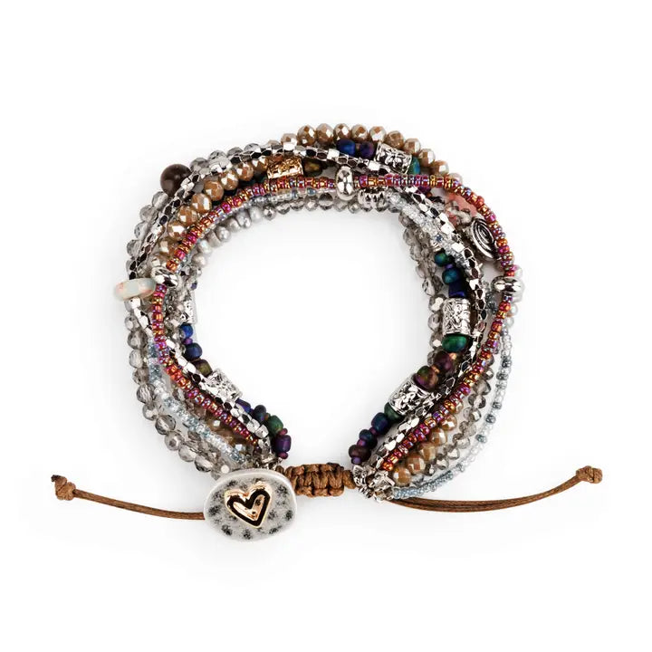 Beaded Love Bracelet in gray with heart charm, pearls, semi-precious stone, and glass beads