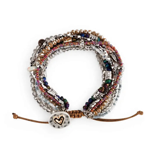 Beaded Love Bracelet in gray with heart charm, pearls, semi-precious stone, and glass beads