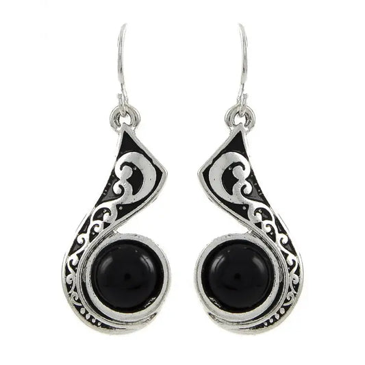 Black bead filigree wave dangle earrings