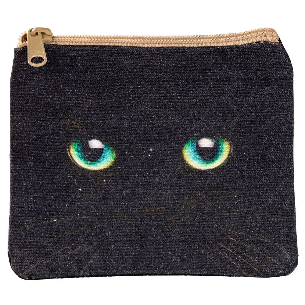 Black canvas zip coin purse with a pair of glowing green cat eyes printed on the front and no other artwork