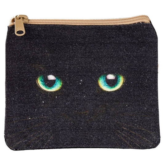 Black canvas zip coin purse with a pair of glowing green cat eyes printed on the front and no other artwork