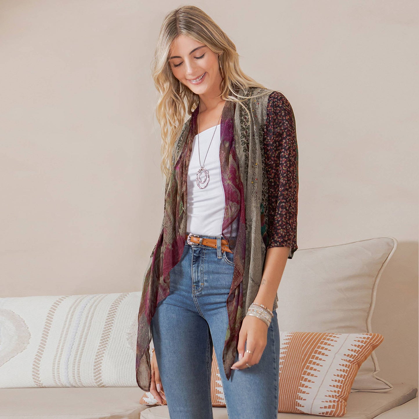 Stonewashed rayon boho kimono in gravel with artisan embroidery, photo 2 of 6
