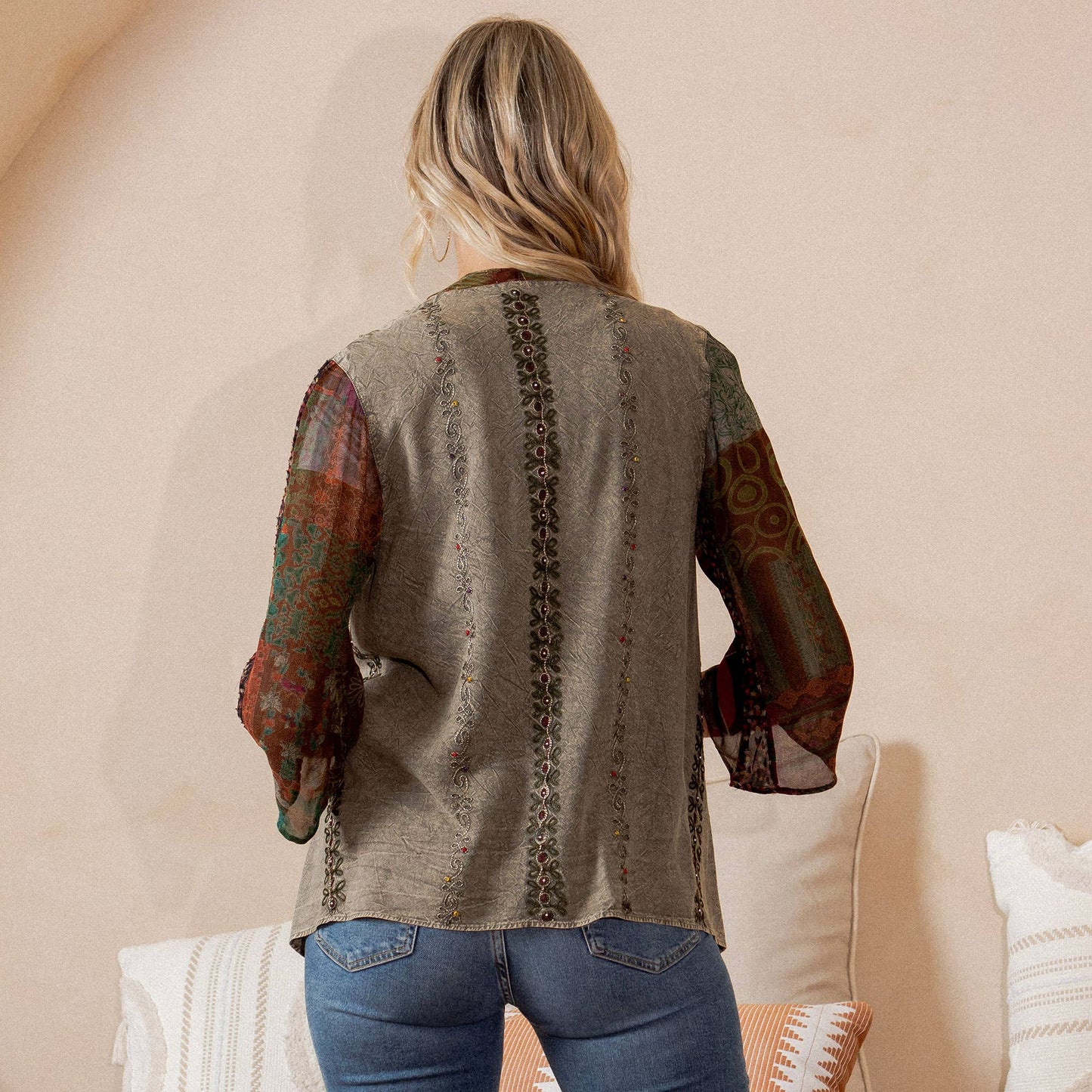 Stonewashed rayon boho kimono in gravel with artisan embroidery, photo 3 of 6