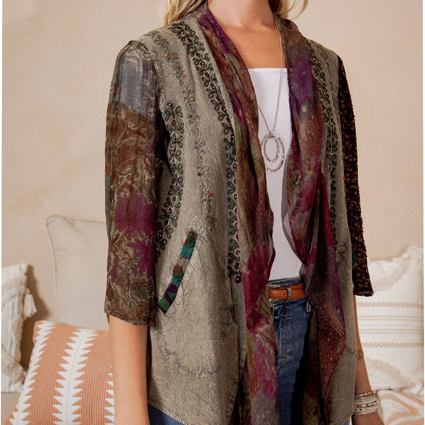 Stonewashed rayon boho kimono in gravel with artisan embroidery, photo 4 of 6