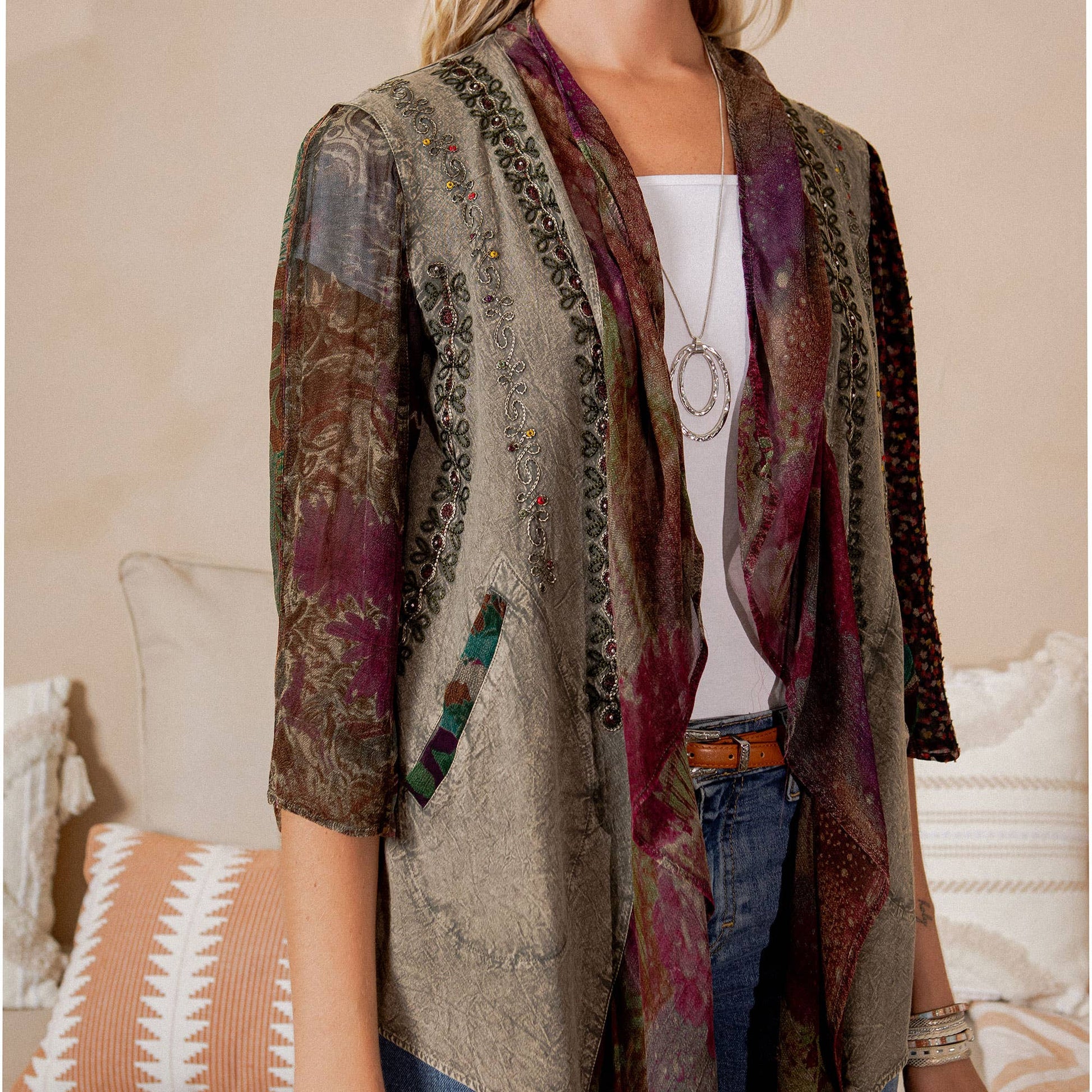 Stonewashed rayon boho kimono in gravel with artisan embroidery, photo 4 of 6