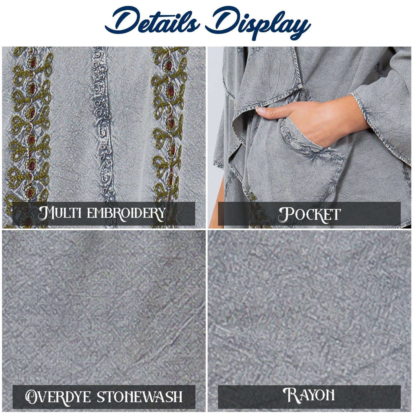 Stonewashed rayon boho kimono in gravel with artisan embroidery, photo 5 of 6