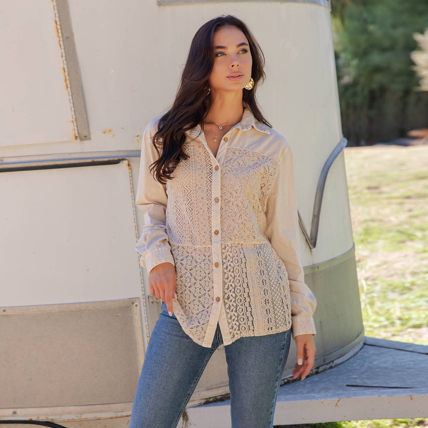 Desert Dream Boho Crochet Lace Button-Down Top - Latte, 100% cotton