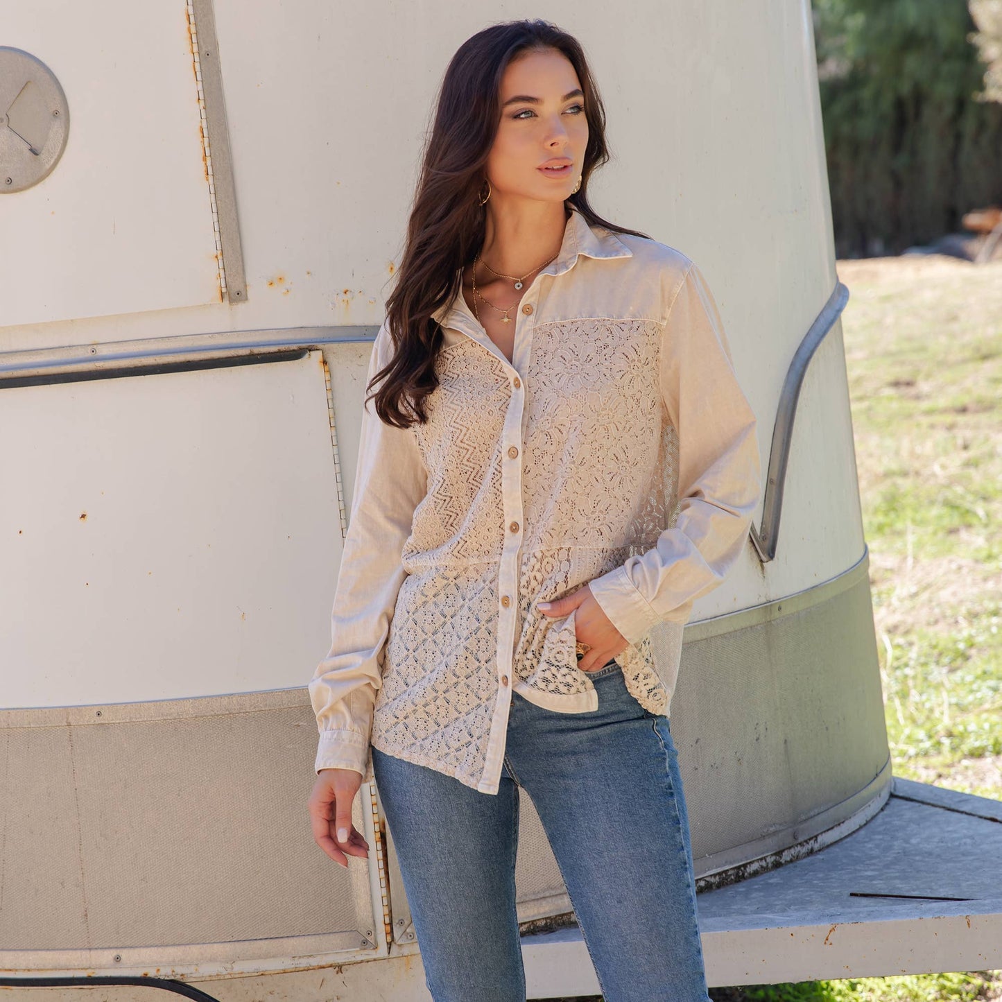 Desert Dream Boho Crochet Lace Button-Down Top - Latte, 100% cotton, photo 3 of 6