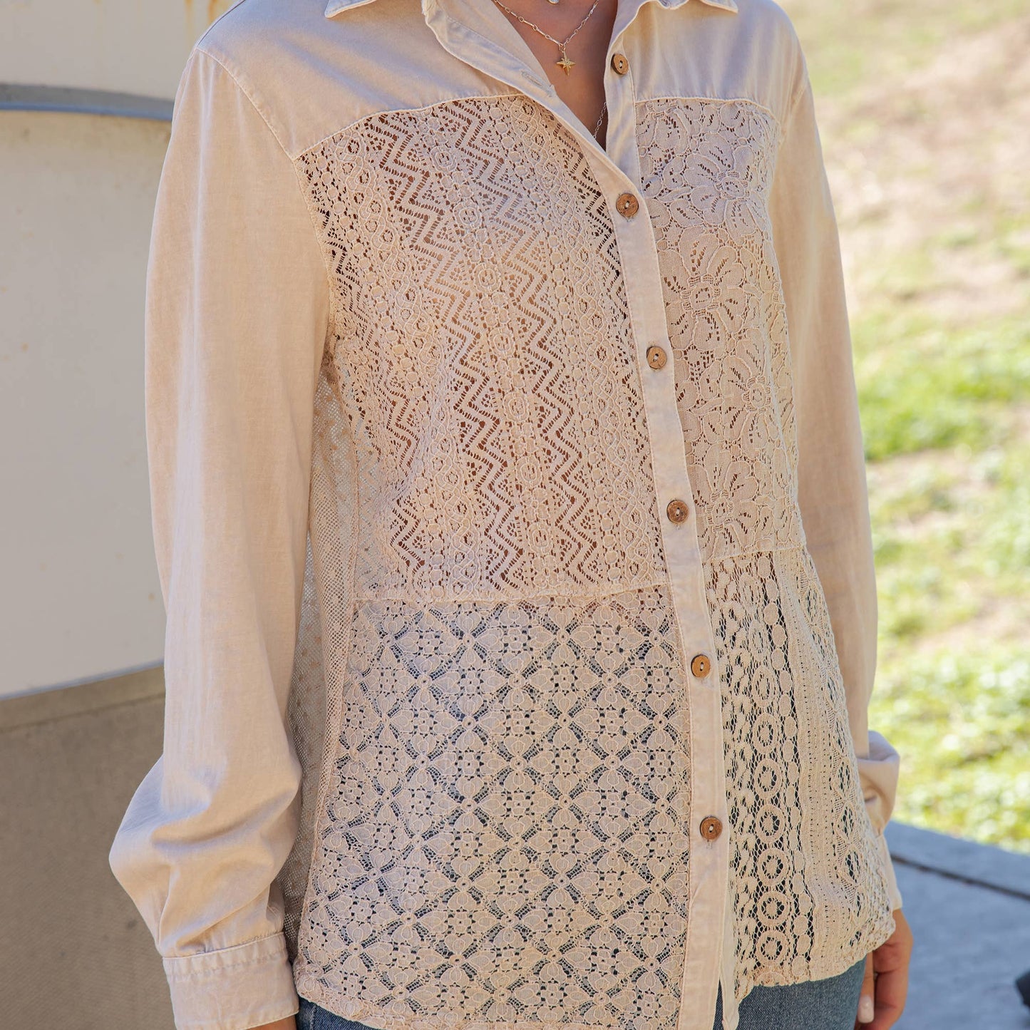 Desert Dream Boho Crochet Lace Button-Down Top - Latte, 100% cotton, photo 4 of 6