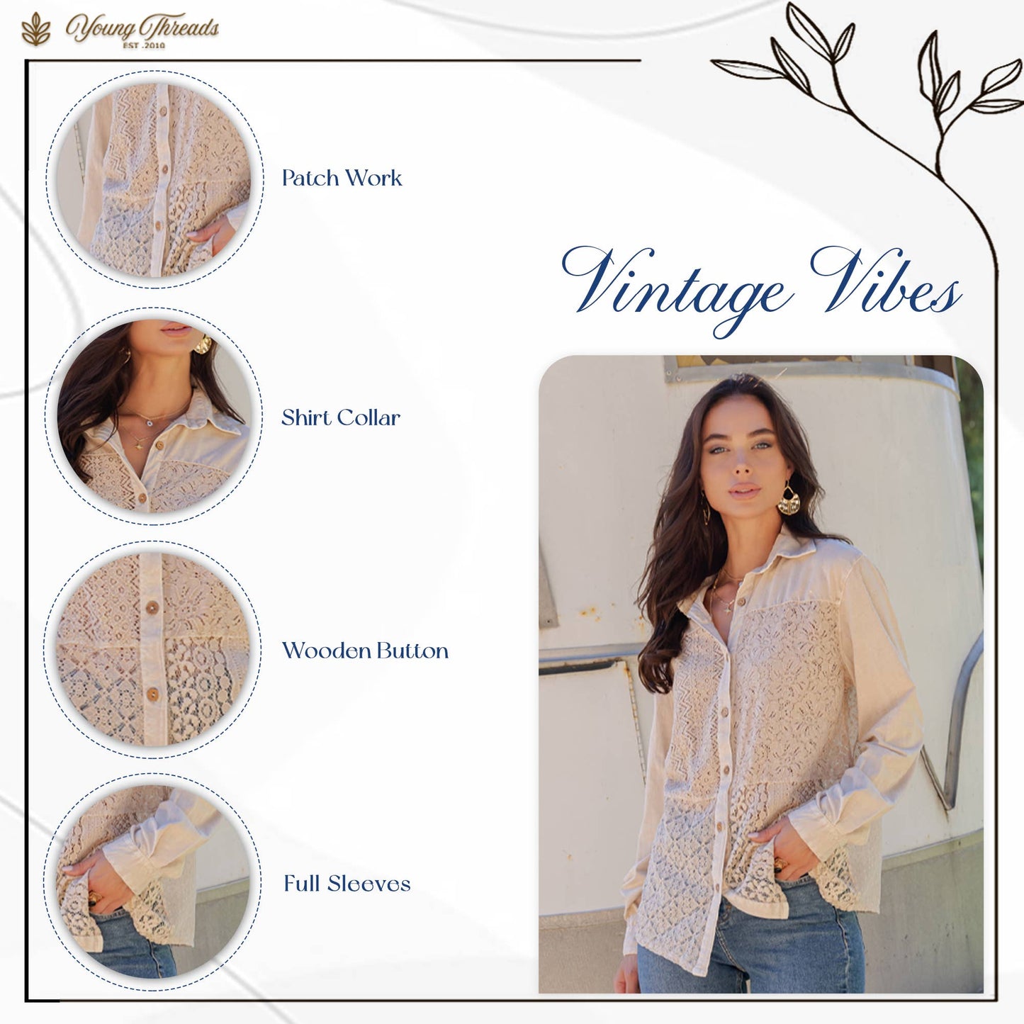 Desert Dream Boho Crochet Lace Button-Down Top - Latte, 100% cotton, photo 5 of 6