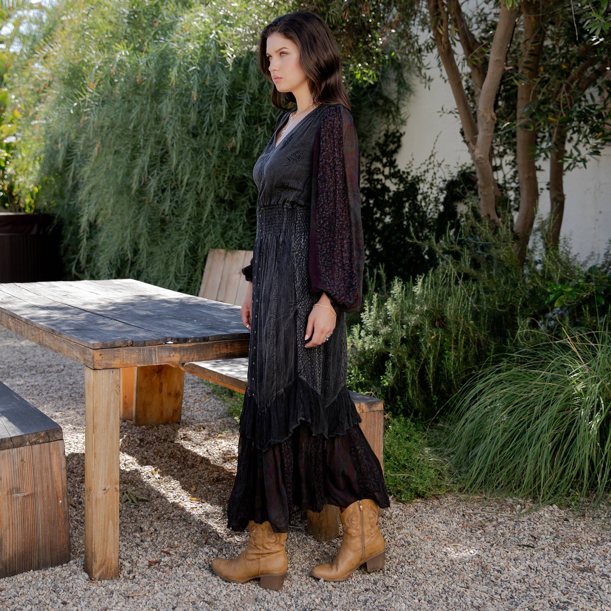 Side profile of the charcoal boho maxi dress