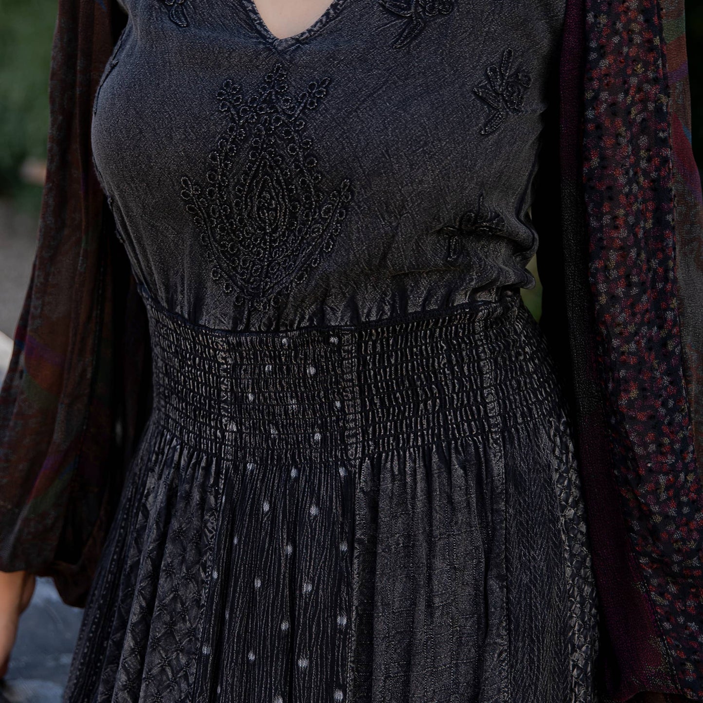Close-up of the embroidered bodice, smocked waist and dotted skirt texture