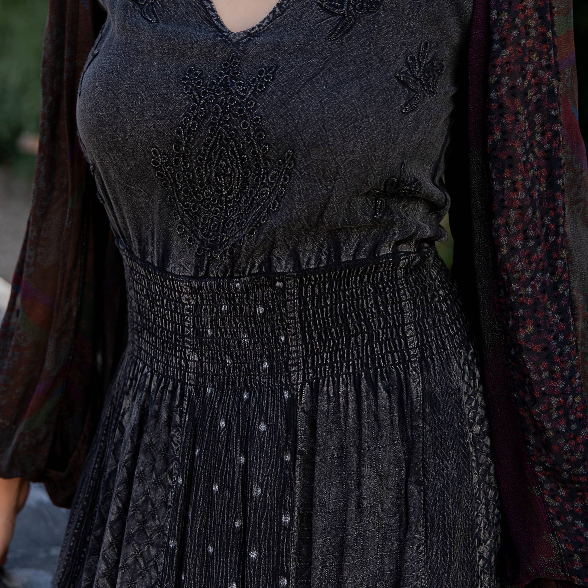 Close-up of the embroidered bodice, smocked waist and dotted skirt texture