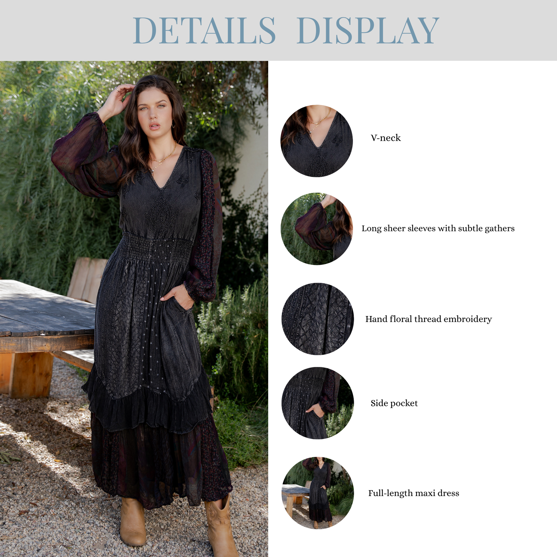 Supplier detail collage: V-neck, sheer sleeves, floral embroidery and side pocket