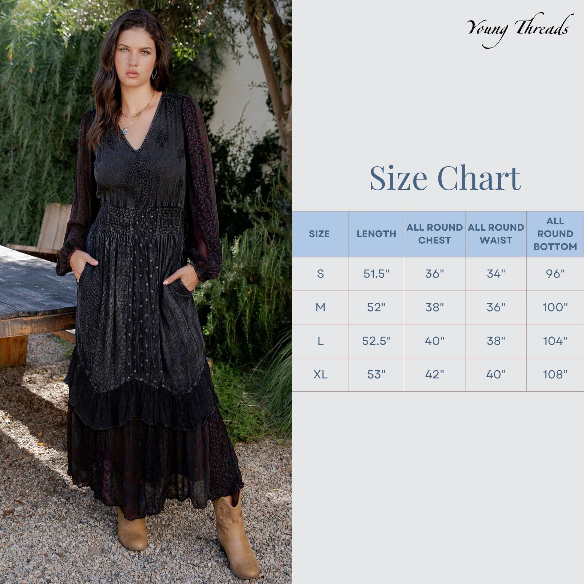 Supplier size chart for the charcoal maxi dress, sizes S through XL