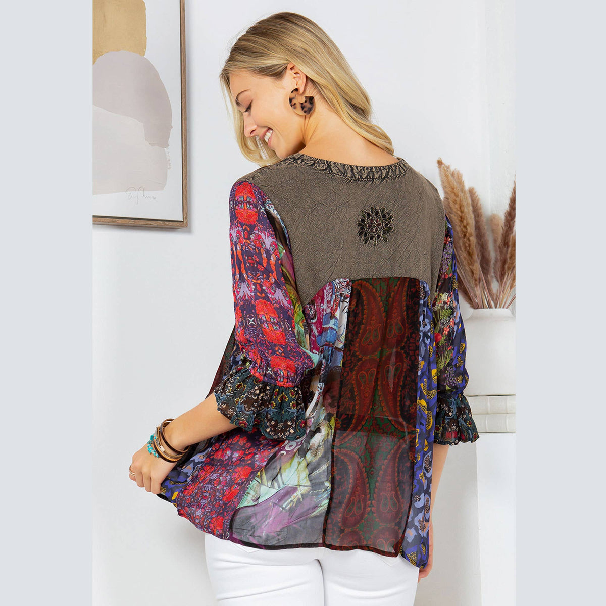 Back view of the gravel boho top showing the overdyed yoke and print sleeves
