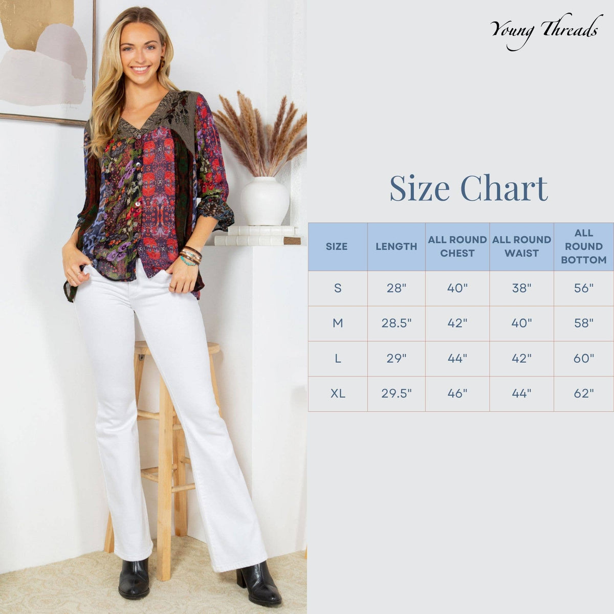 Young Threads size chart for the top: S 28 inch length and 40 inch chest, M 28.5 and 42, L 29 and 44, XL 29.5 and 46