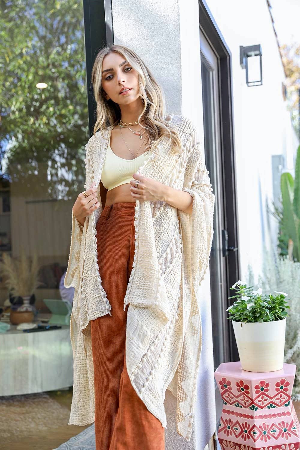 Boho Embroidered Zig Zag Kimono - Cream, 100% acrylic