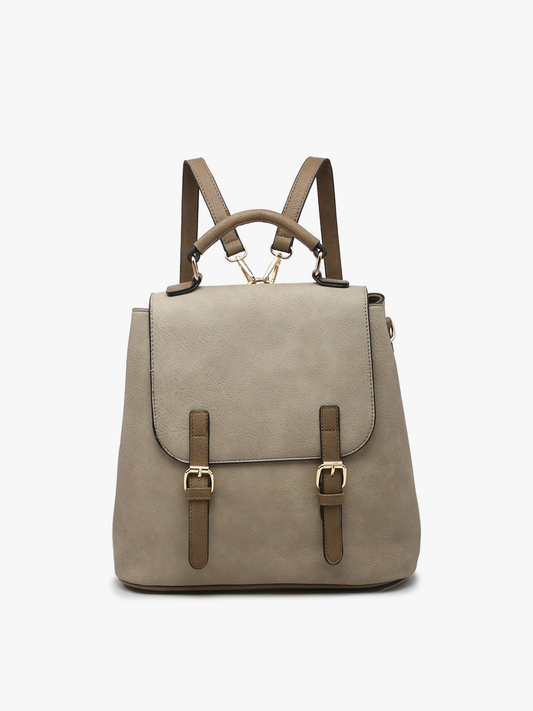 Light khaki vegan leather convertible backpack and shoulder bag with a flap closure
