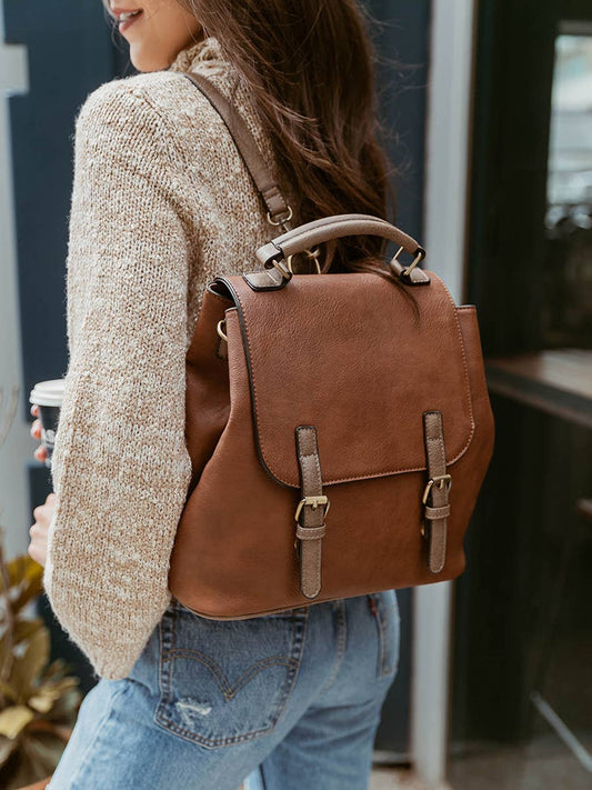 Light khaki vegan leather convertible backpack and shoulder bag, photo 2 of 4
