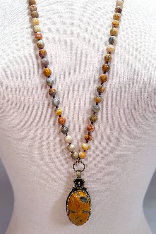 Florette crazy agate necklace on a display bust, showing the full length