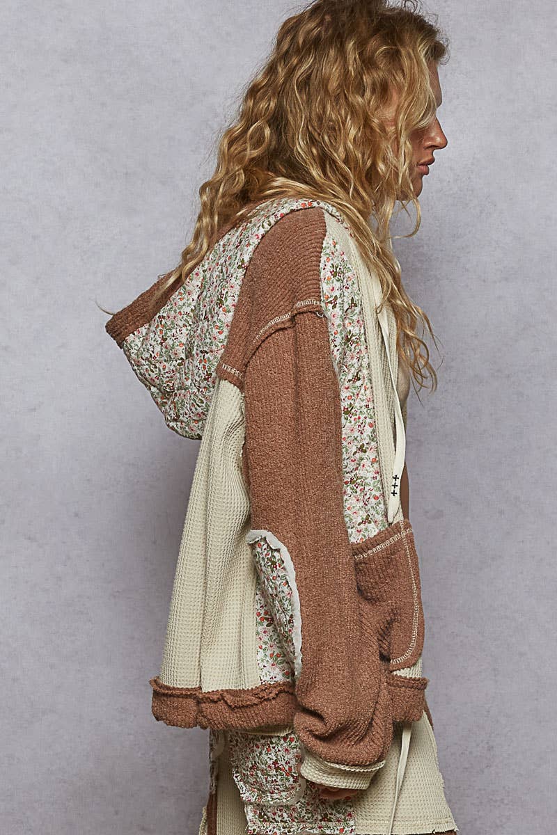 Balloon sleeve quilted detail floral knit hoodie jacket: OAT CHOCO