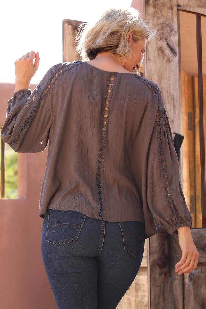 Gray Lace Trim Textured Long Sleeve Blouse