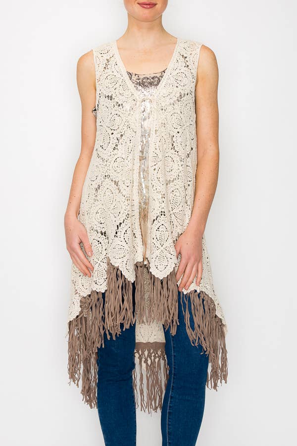 PLUS HIGH LOW CROCHET VEST WITH FAUX SUEDE FRINGE