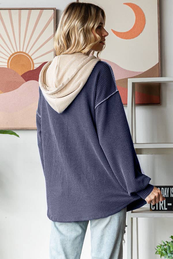 Ribbed Balloon Sleeve Button Front Drawstring Hoodie: Navy