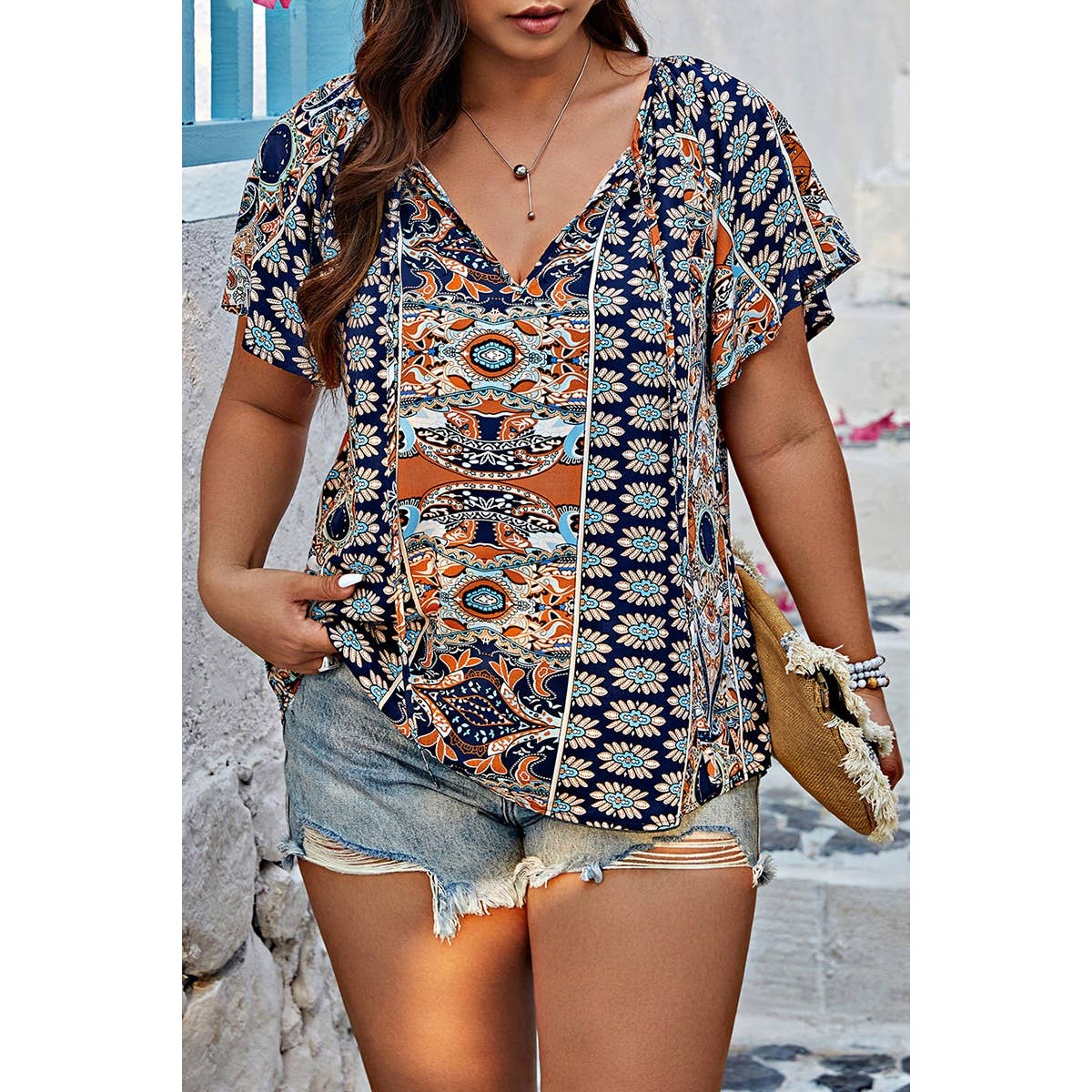 Plus Size Allover Printed Tie Front Short Sleeve Blouse