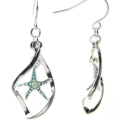 Turquoise Wave Starfish Pearl Metal Dangle Earrings
