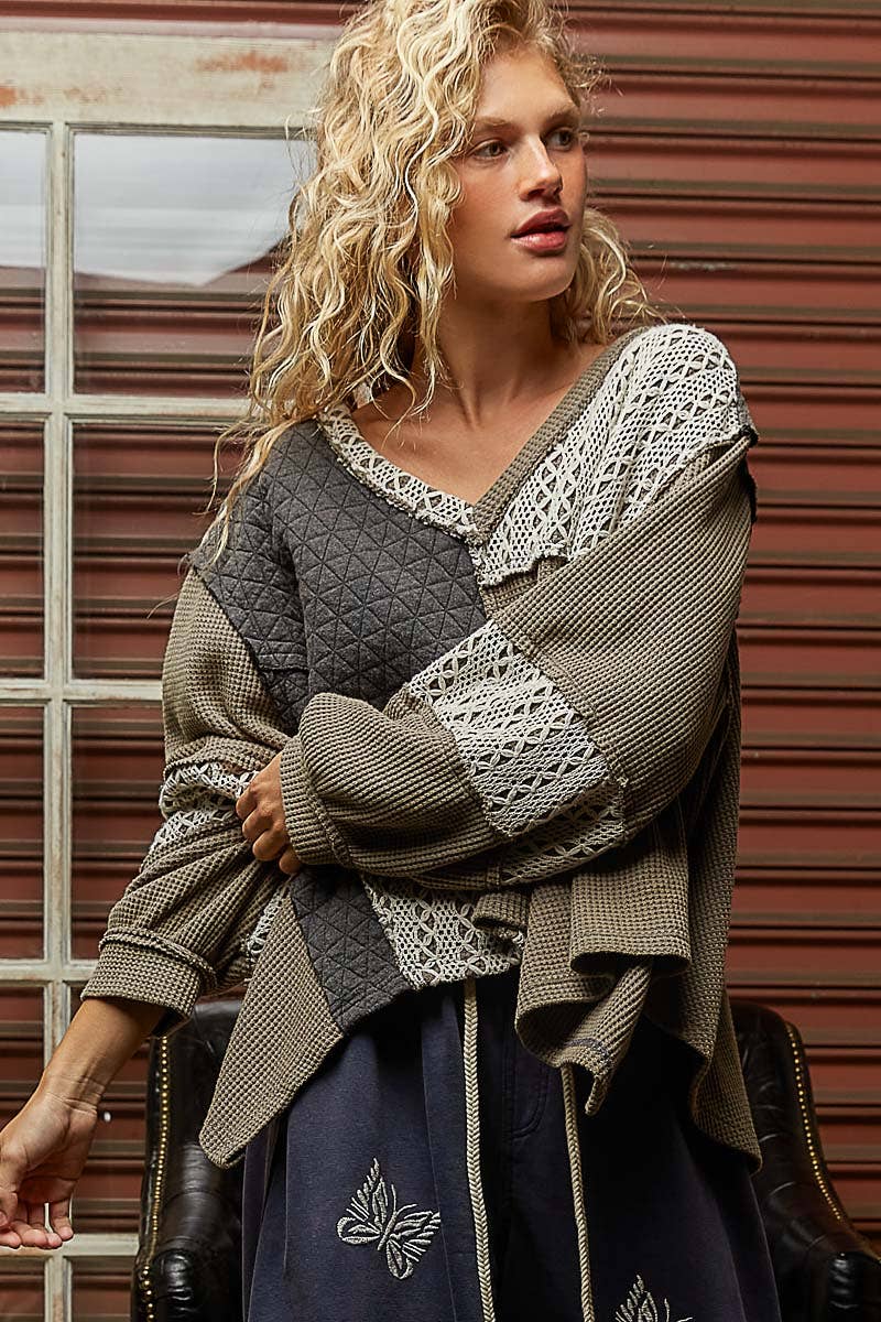 V-neck balloon sleeve relaxed fit boho Top : CHARCOAL