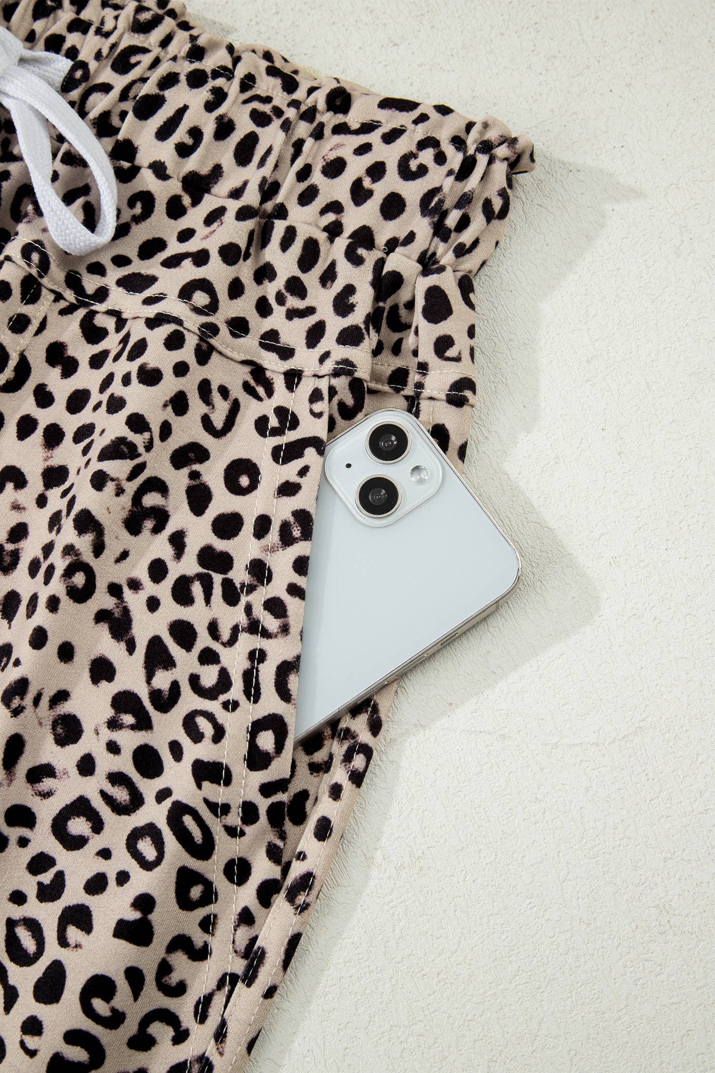 Leopard Animal Print Wide Leg Terry Knit Pants: Khaki