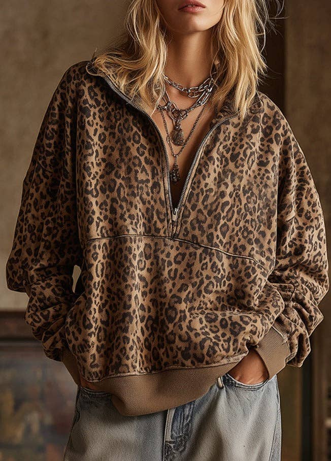 Leopard Print Half Zip Oversized Pullover Sweatshirt: Coffee