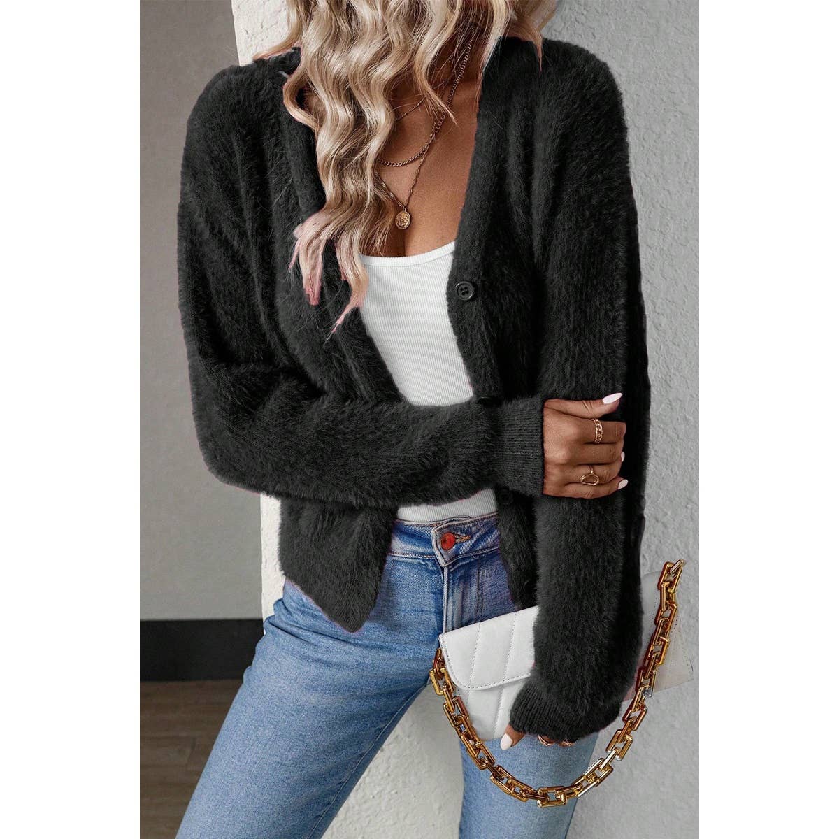 Solid Fuzzy Fleece Button V Neck Cardigan