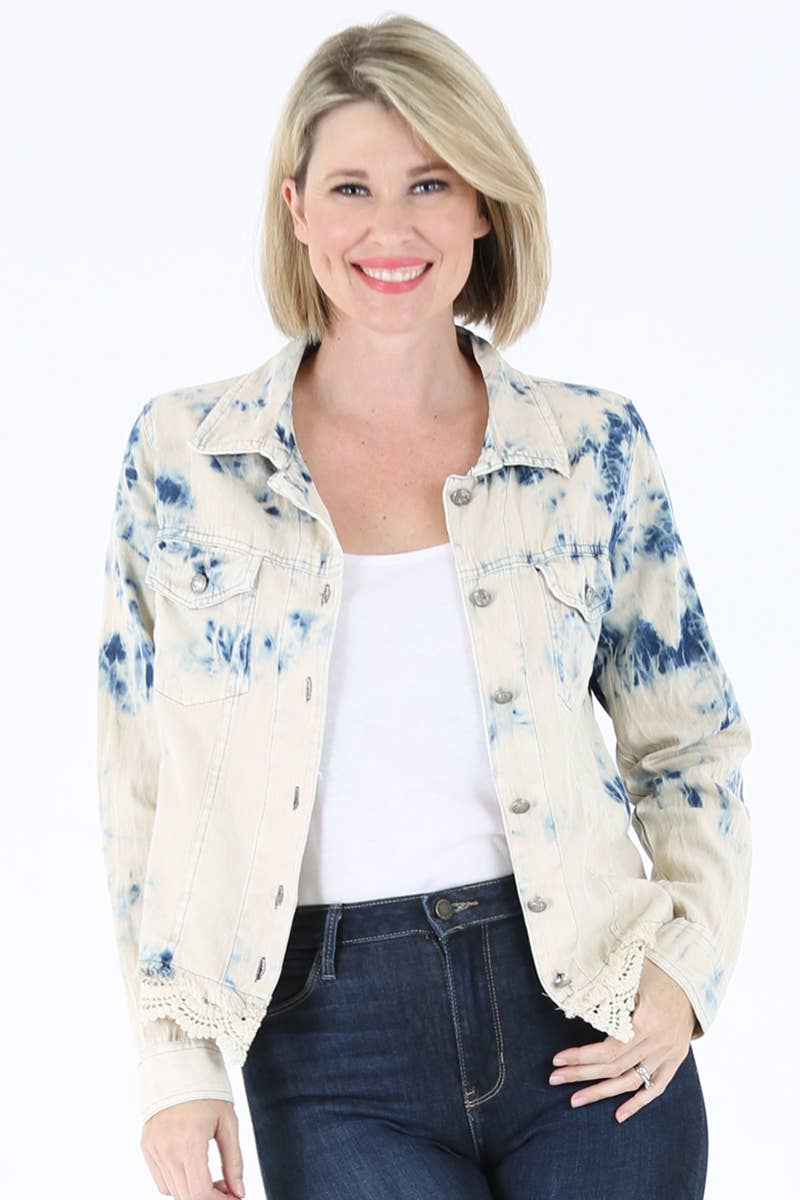 BLEACH TIE DYE WASH DENIM JACKET WITH LACE HEM