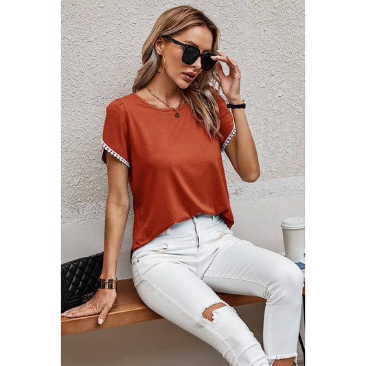Crewneck Short Sleeve Lace Trim Loose T Shirts: ORANGE