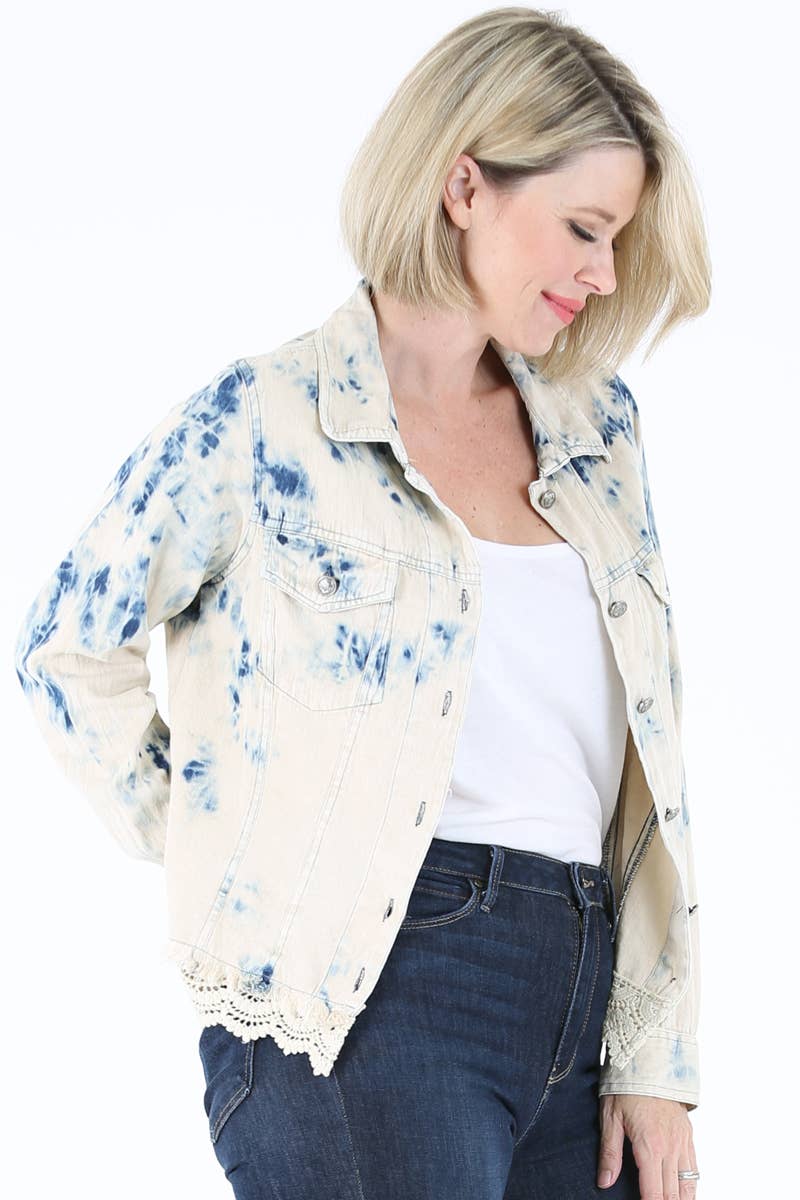 BLEACH TIE DYE WASH DENIM JACKET WITH LACE HEM