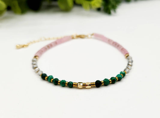 "Cancer Healing Harmony" Gemstone Bracelet - Malachite, Clear & Rose Quartz, photo 2 of 8