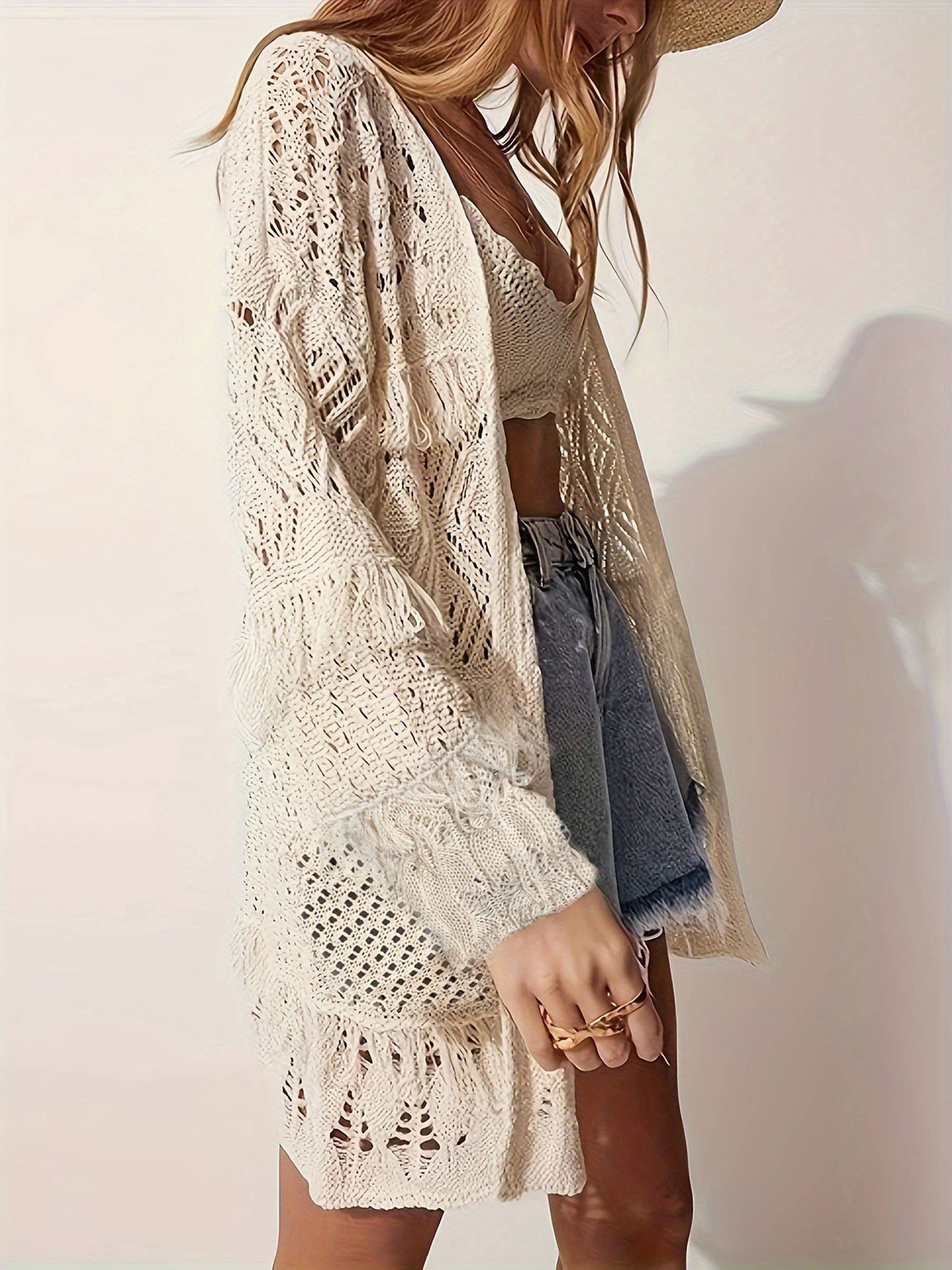 Loose Knit Long Sleeve Cardigan - Beige, photo 1 of 4
