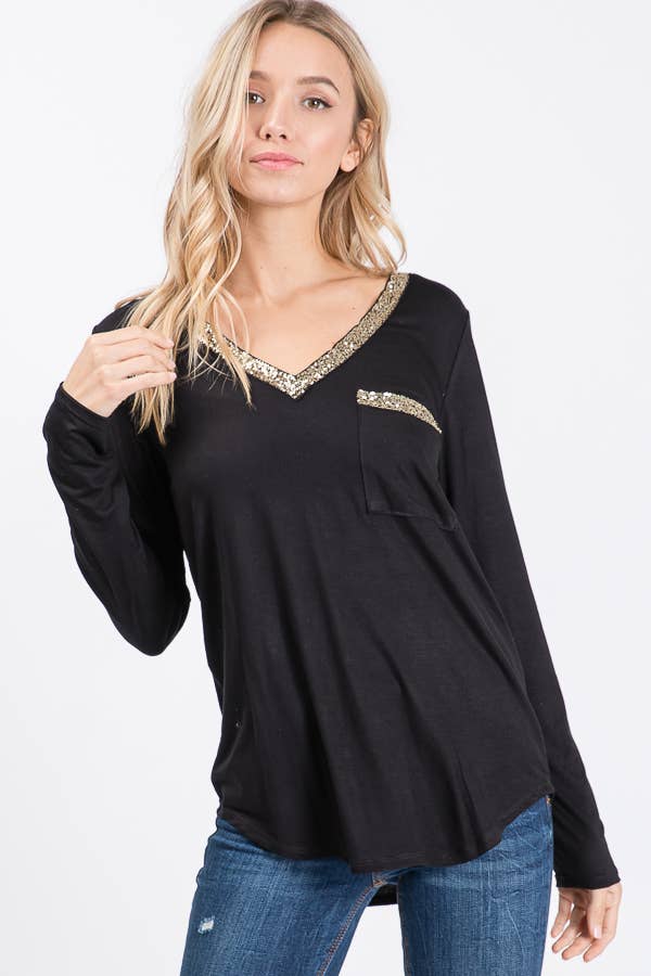 V-Neck Sequin Trim Long Sleeve Pocket Top - Black, photo 2 of 5
