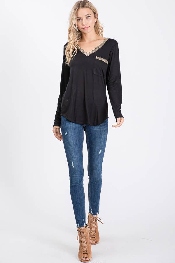 V-Neck Sequin Trim Long Sleeve Pocket Top - Black, photo 4 of 5