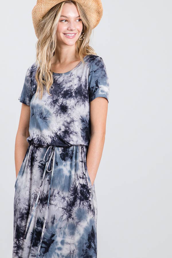 Tie Dye Drawstring Short Sleeve Maxi Dress - Charcoal & Blue, photo 4 of 6