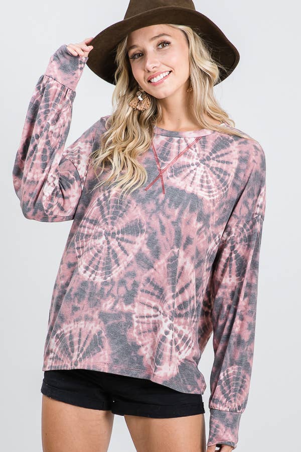 Tie Dye V-Seam Drop Shoulder Long Sleeve Top  Marsala